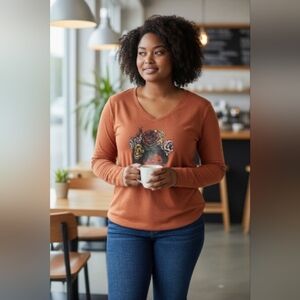 Izzy &Liv Vibrant Orange Graphic V-Neck Long Sleeve Top